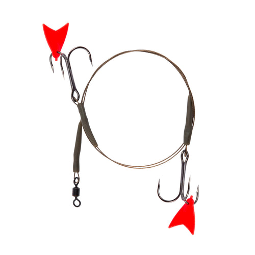 Skeater 7x7 deadbait pike trace with twin barbless treble hooks and red bait fins