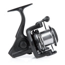 Black fishing reel on a white background