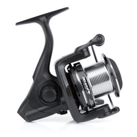 Black fishing reel on a white background