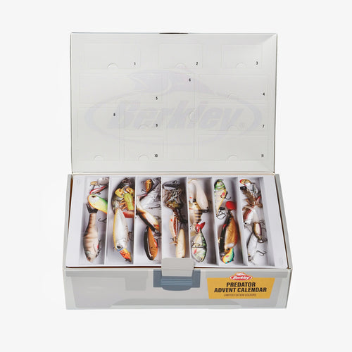 Berkley Predator Advent Calendar open with an alternative view of the fishing lure selection
