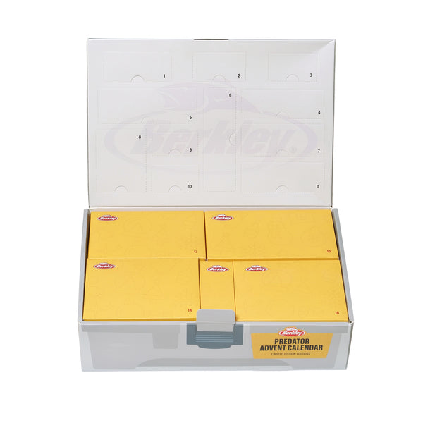 Berkley Predator Advent Calendar open with yellow numbered compartment covers