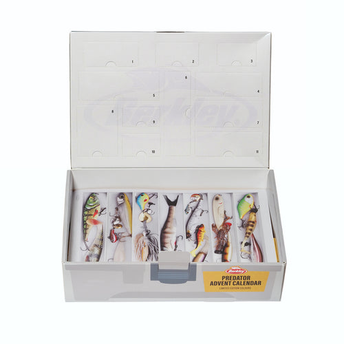 Open Berkley Predator Advent Calendar showing colourful fishing lures in divided compartments